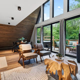 Living room with A-frame windows